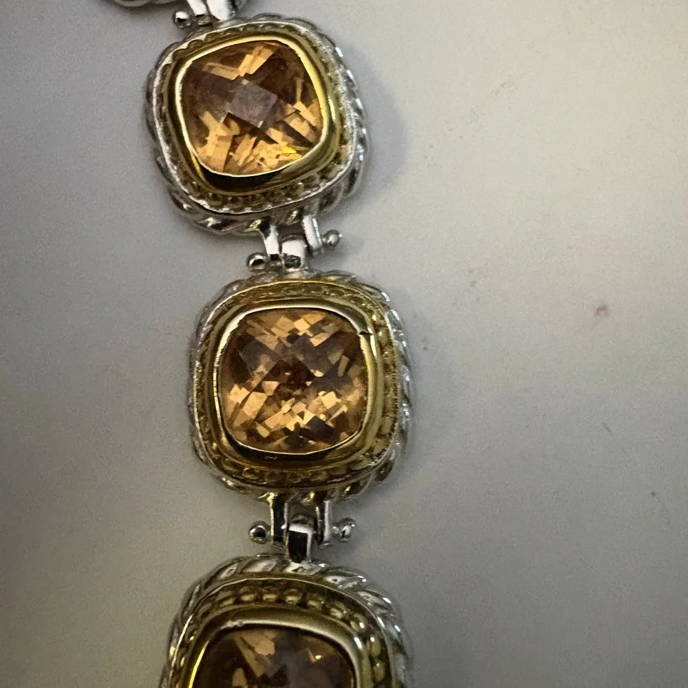 VTG Sterling Silver 925 2 Toned CZ Citrine Chunky Tennis Bracelet 7" Stunning - Picture 3 of 12